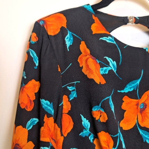 Zara Black Orange Floral Open Back Mini Dress Long Sleeve Date Night Size Small - Picture 3 of 10